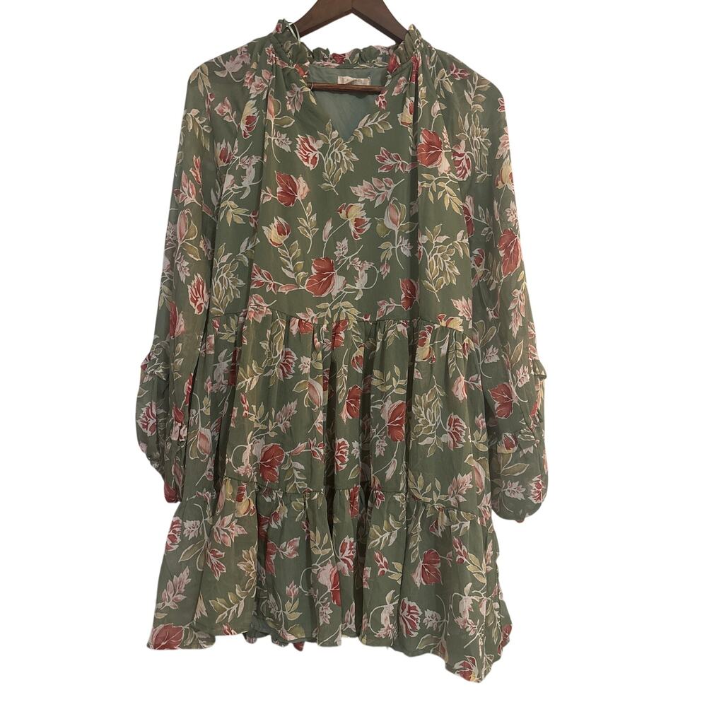 Alter'd State Lined Sheer Dress Green Floral Size S